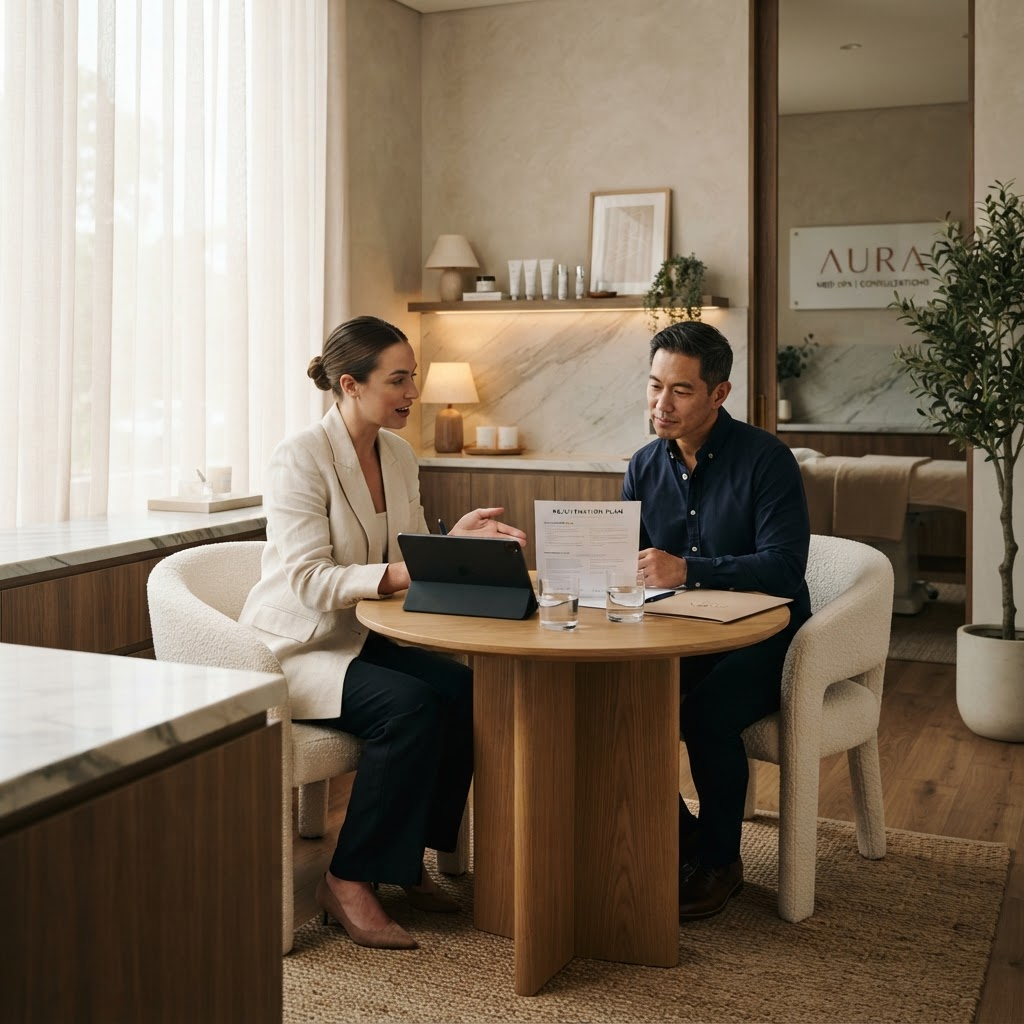 Warm, modern med spa consultation room