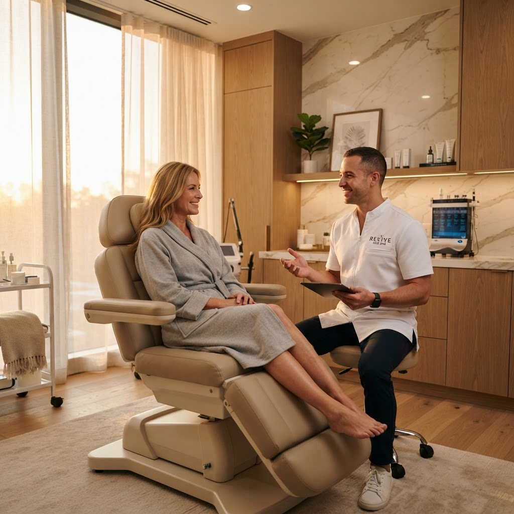 Male aesthetician consulting with a female client inside a luxury med spa treatment room at golden hour