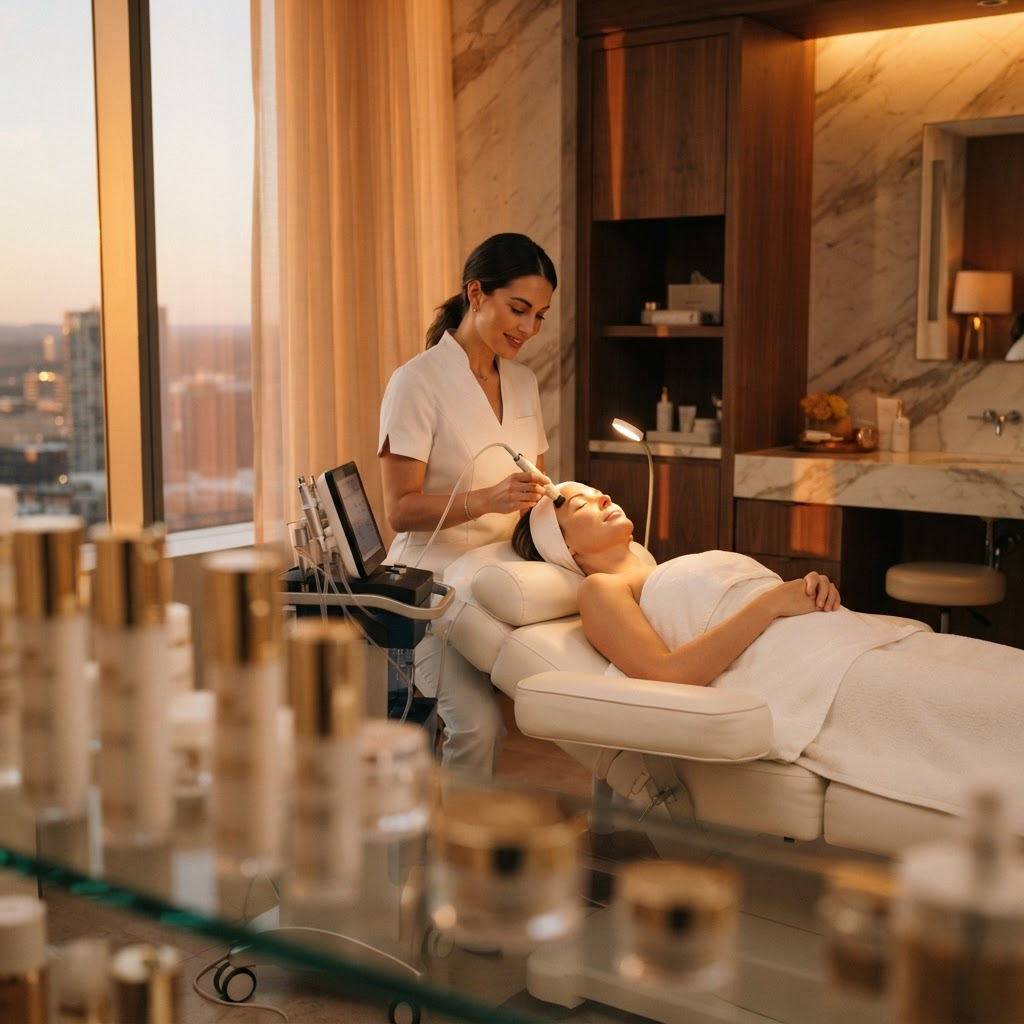 Aesthetician performing a facial treatment on a client inside a luxury med spa treatment room at golden hour