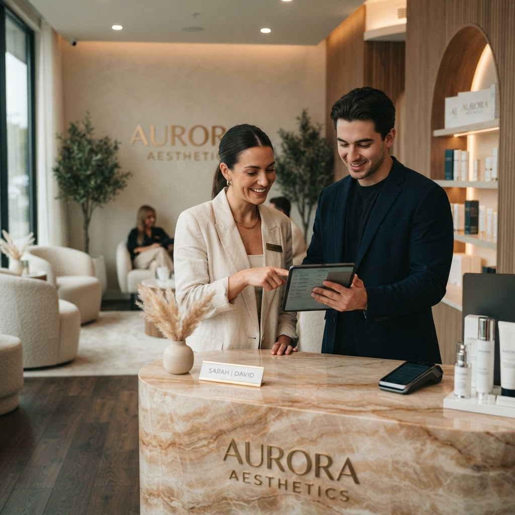 Med spa front desk staff reviewing bookings on a tablet