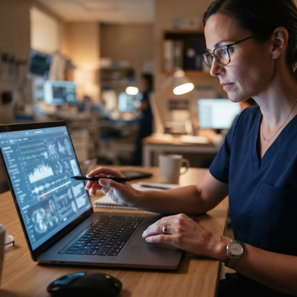 Close-up of a person reviewing patient data on a glowing display